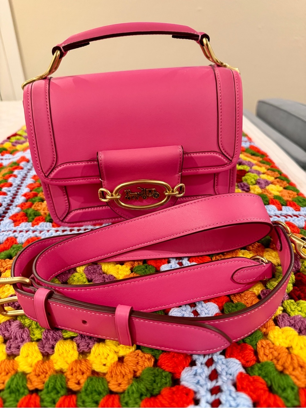 Coach Hot Pink Leather Top Handle Crossbody with Gold Hardware